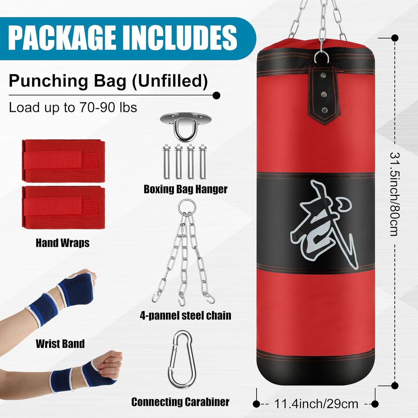 Punching Bag for Adults, 2.62FT PU Heavy Boxing Bags with Chain Ceiling Hook, Hanging Boxing Bag for Kickboxing Muay Thai Karate Judo Taekwondo Home Gym Training, Unfilled