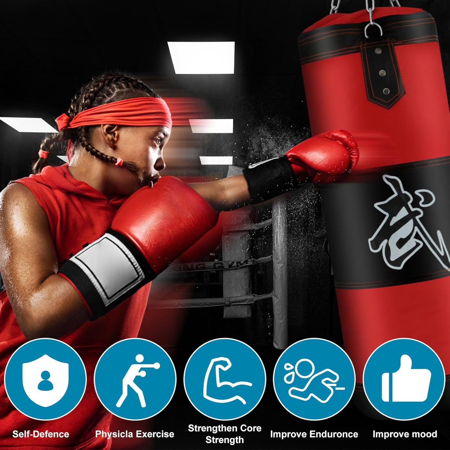 Punching Bag for Adults, 2.62FT PU Heavy Boxing Bags with Chain Ceiling Hook, Hanging Boxing Bag for Kickboxing Muay Thai Karate Judo Taekwondo Home Gym Training, Unfilled