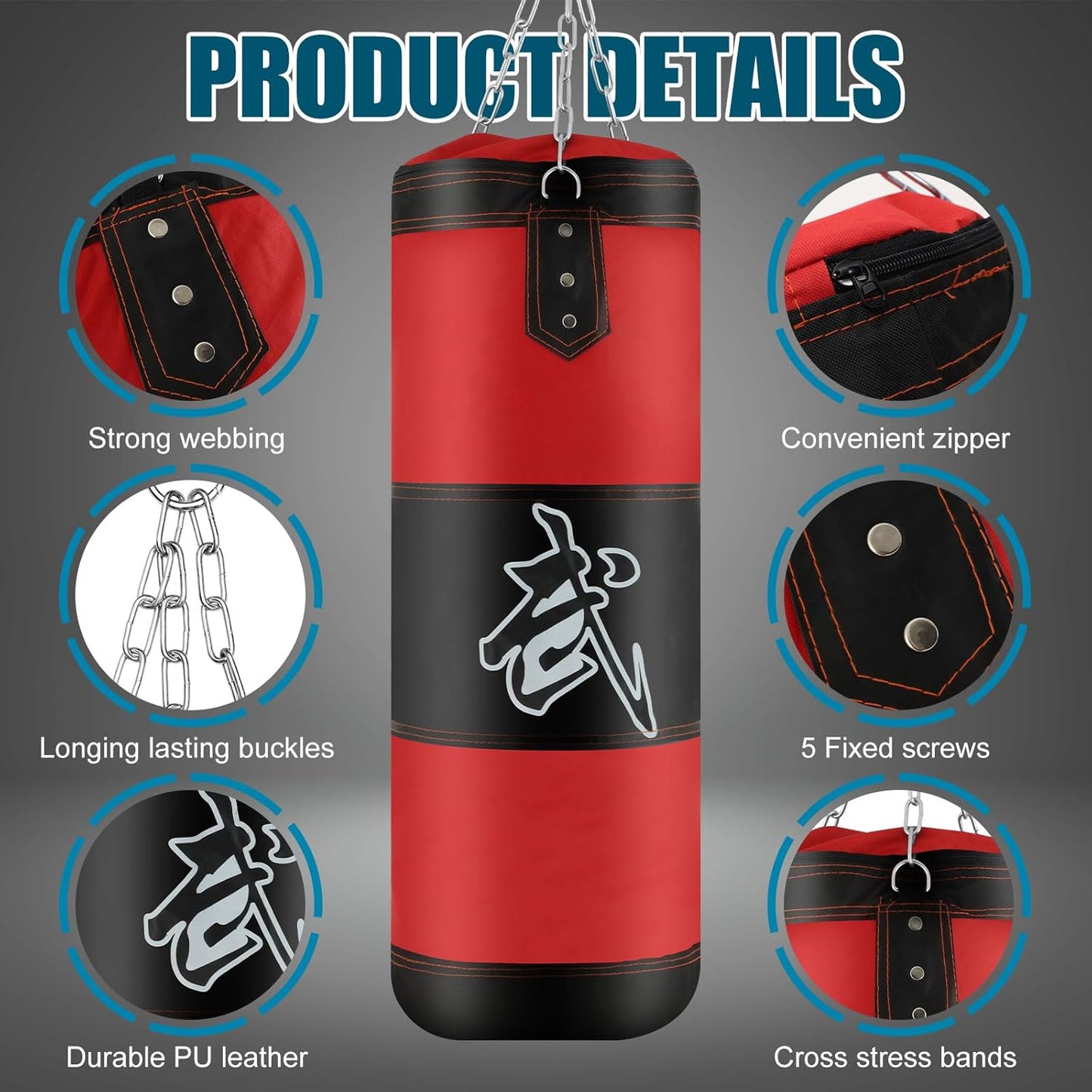 Punching Bag for Adults, 2.62FT PU Heavy Boxing Bags with Chain Ceiling Hook, Hanging Boxing Bag for Kickboxing Muay Thai Karate Judo Taekwondo Home Gym Training, Unfilled
