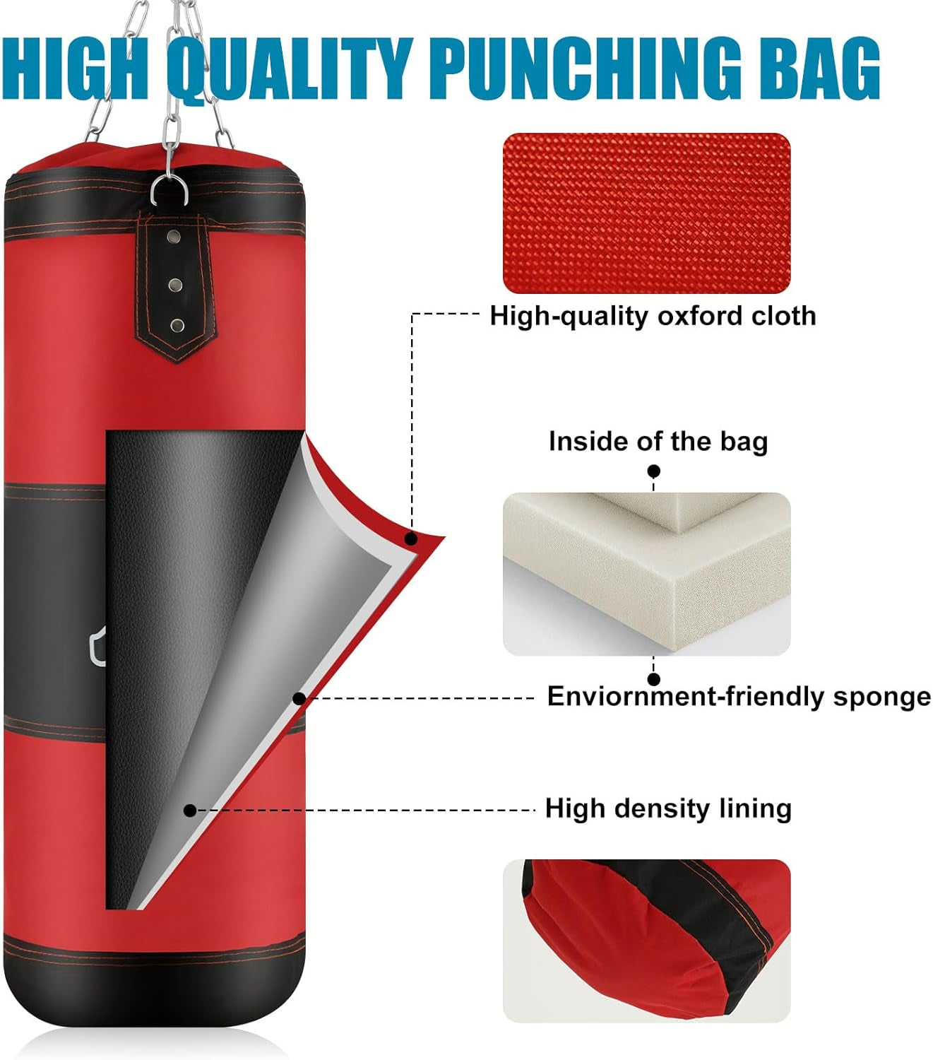 Punching Bag for Adults, 2.62FT PU Heavy Boxing Bags with Chain Ceiling Hook, Hanging Boxing Bag for Kickboxing Muay Thai Karate Judo Taekwondo Home Gym Training, Unfilled