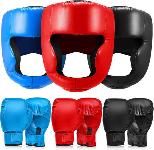 3 Pieces Boxing Headgear and 3 Pairs Gloves Set Shockproof Leather Boxing Helmet Safety Head Guard Punching Bag Gloves for Men Women Youth Beginners