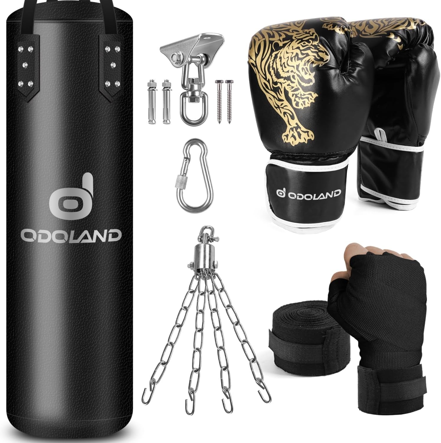 Punching Bag Set for Adults, 4FT PU Heavy Boxing Bag with 12OZ Boxing Gloves, Hand Wraps, Hanging Chains for MMA Karate Kickboxing Martial Art Home Gym Trainging - Unfilled