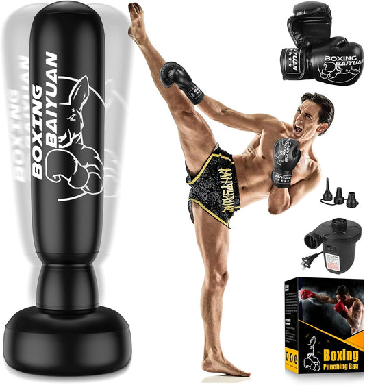 71" Heavy Standing Punching Bag for Adults Teens, Thickened Freestanding Punching Bag with Boxing Gloves and Automatic Pump, Inflatable Boxing Bag with Stand for Training MMA Thai Taekwondo Fitness